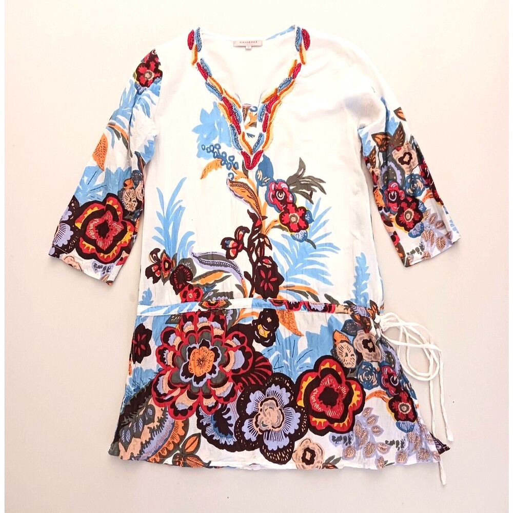 Manorama Italian Style Cover Up Bright Floral Beaded Accents Vented Sides Sz S